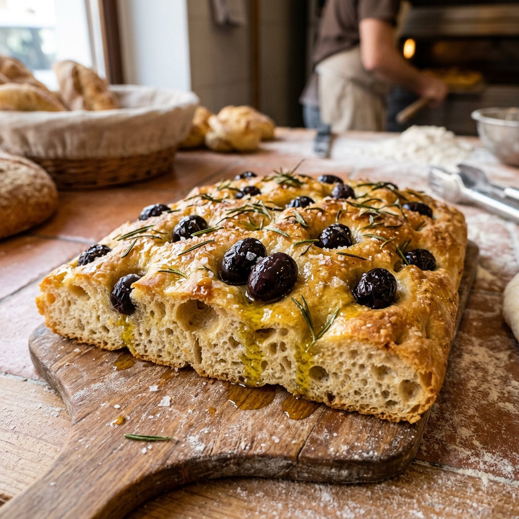 Focaccia con olive taggiasche e rosmarino